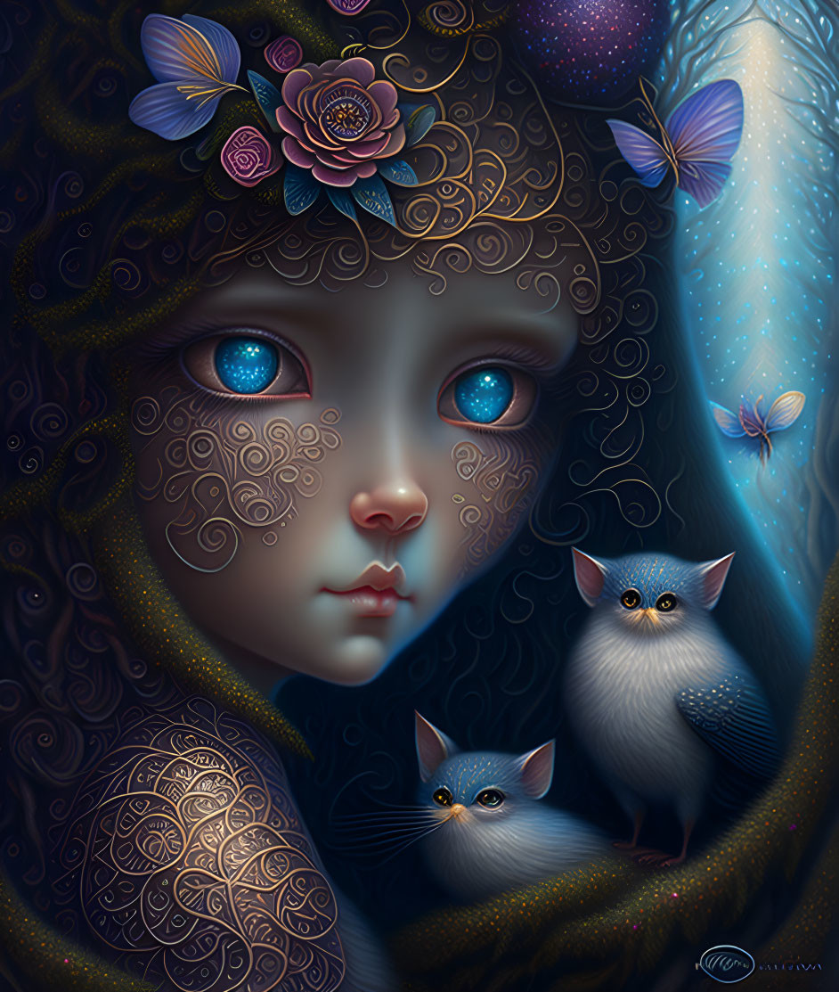 Fantasy illustration of person with blue eyes and mystical creatures