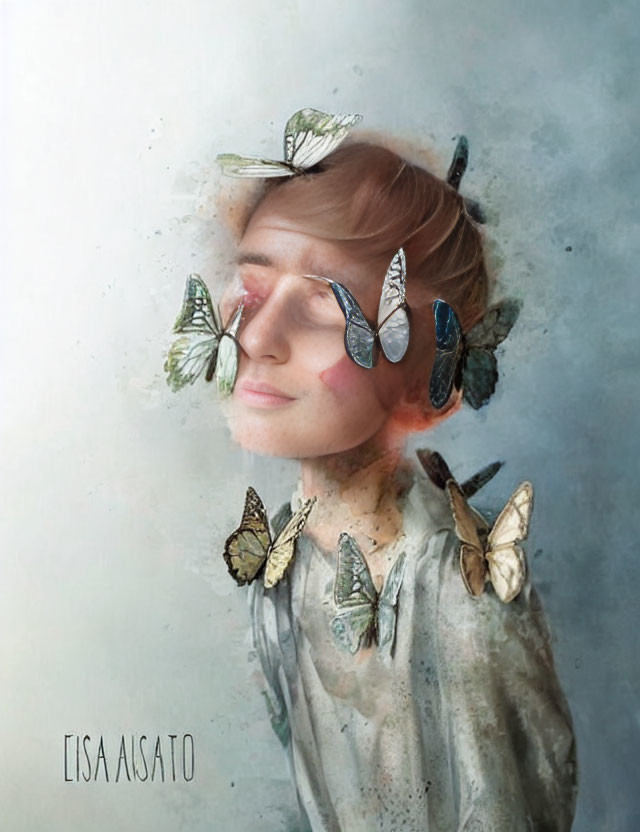 Portrait of person with butterflies on head against textured background