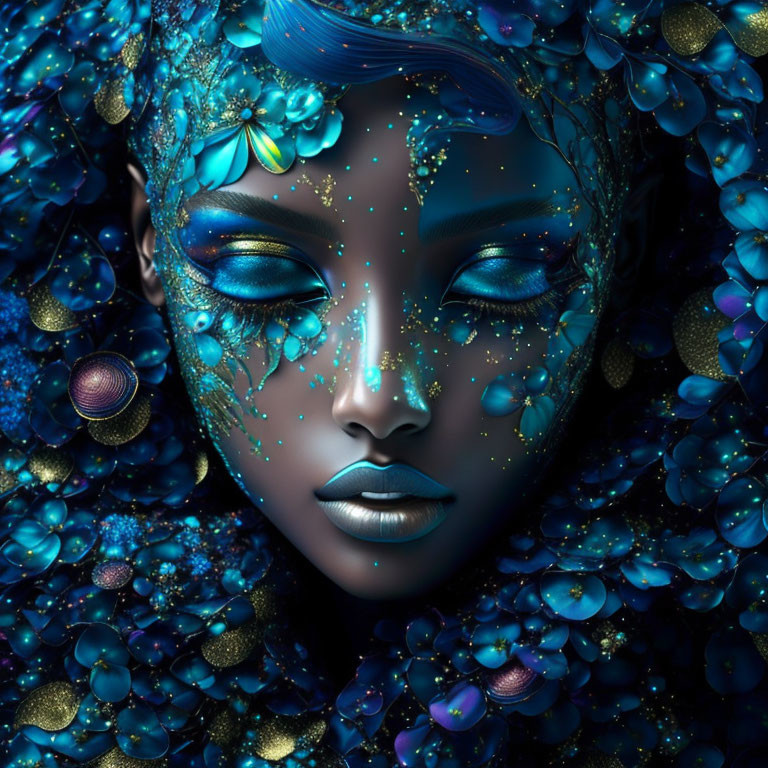 Fantasy portrait of a woman with blue skin and sea-inspired elements