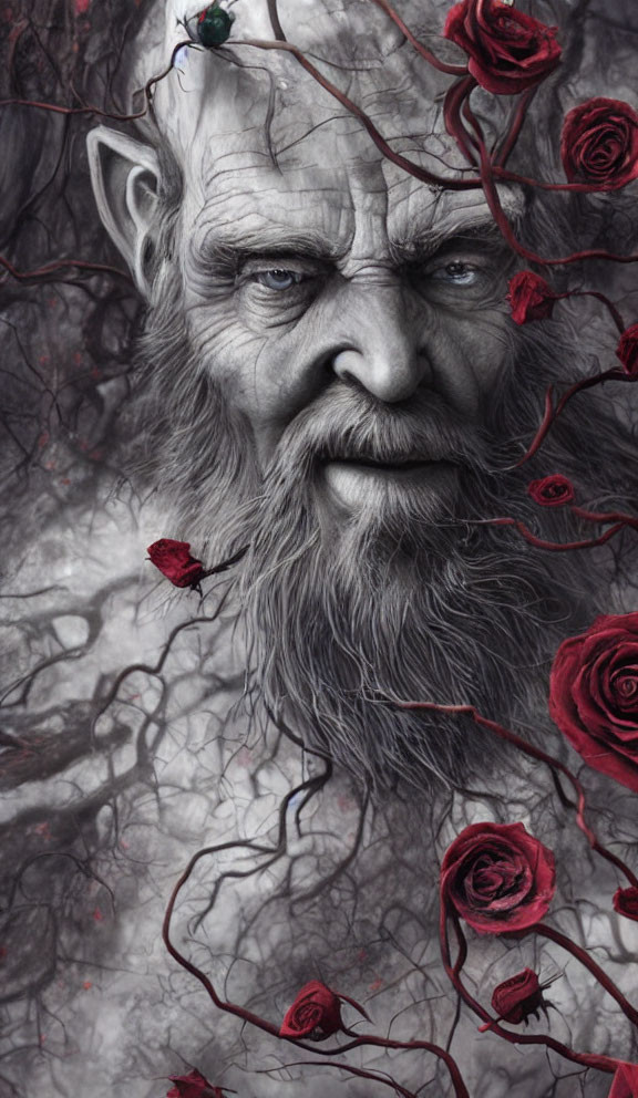 Elder man's face blends with tree branches and red roses in misty scene