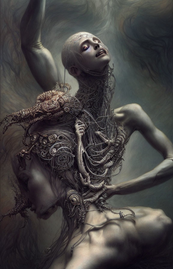 Ethereal being with elongated limbs and metallic adornments on pale body