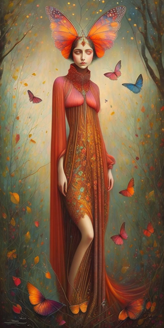 Ethereal figure in a magical forest with butterflies