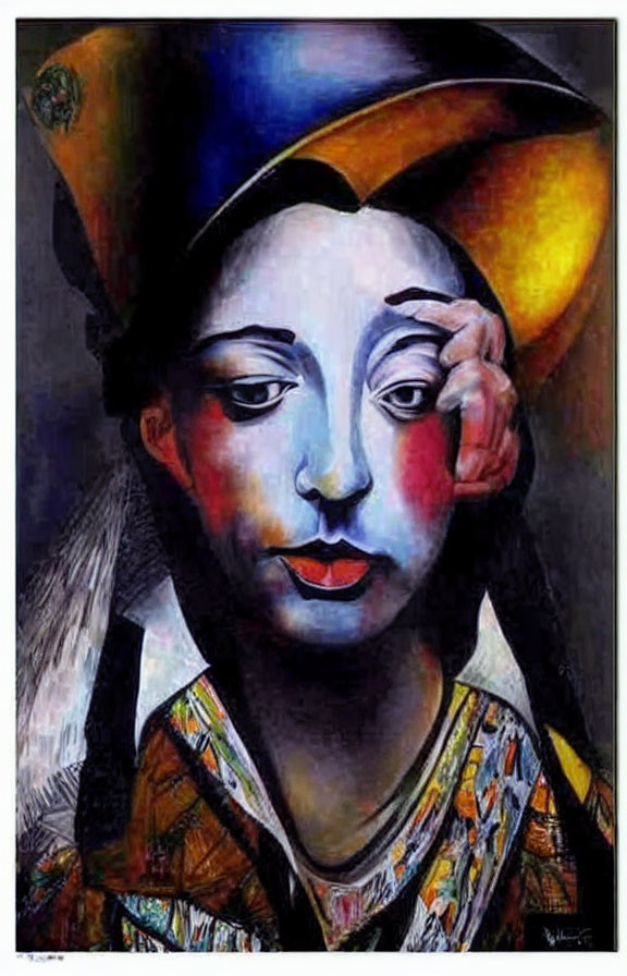 Colorful Cubist and Expressionist portrait with divided face and draped hat.