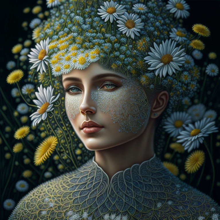 Digital Artwork: Woman with Floral Patterns Surrounded by Daisies and Yellow Flowers