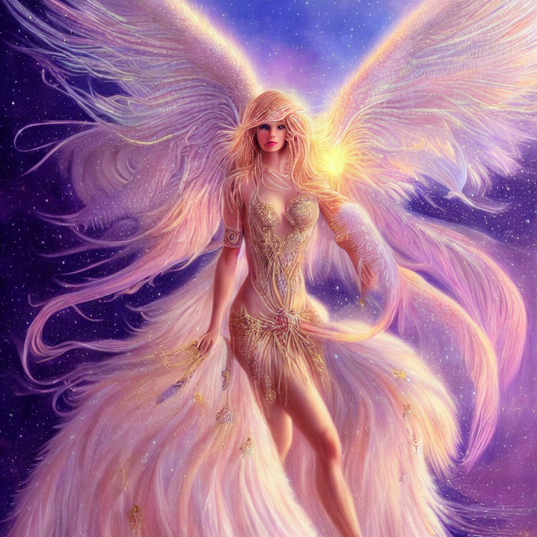 Ethereal angel with luminous wings in starry sky illustration