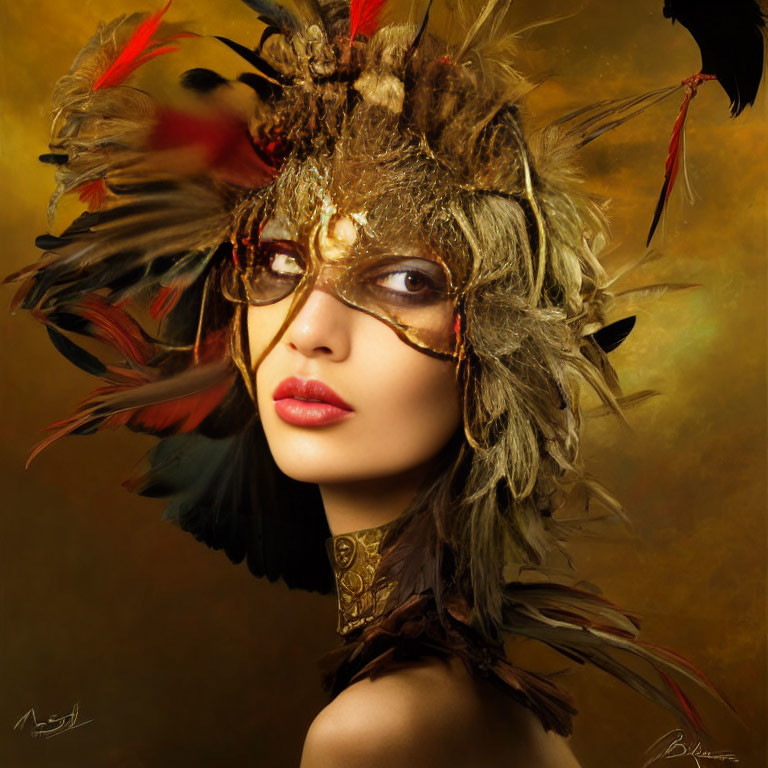 Opulent feathered headdress and golden mask on warm-toned backdrop