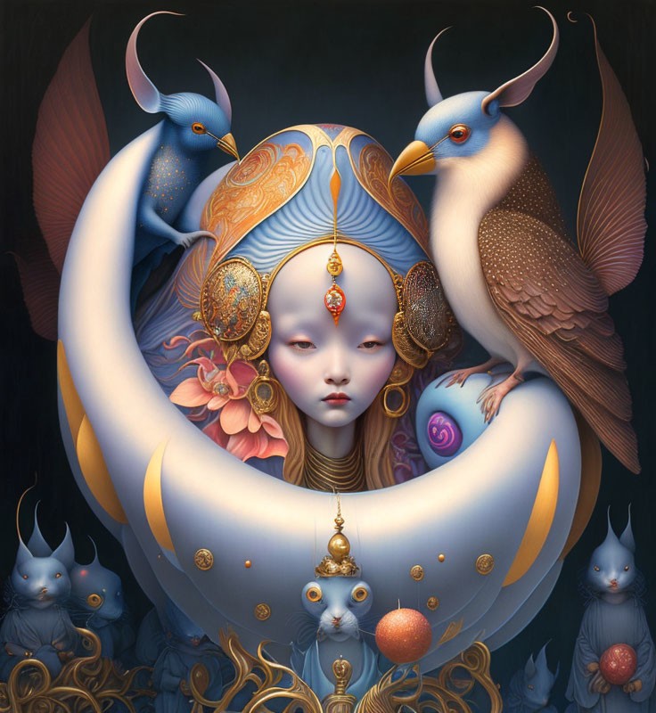 Surreal illustration of figure with ornate headgear and mystical creatures