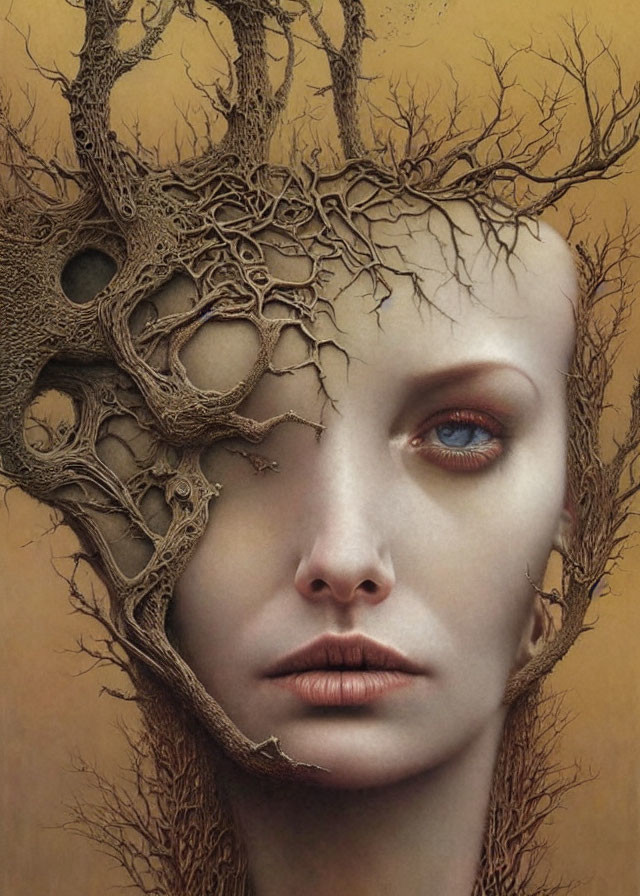 Surrealist portrait merging tree branches and roots with vivid blue eye