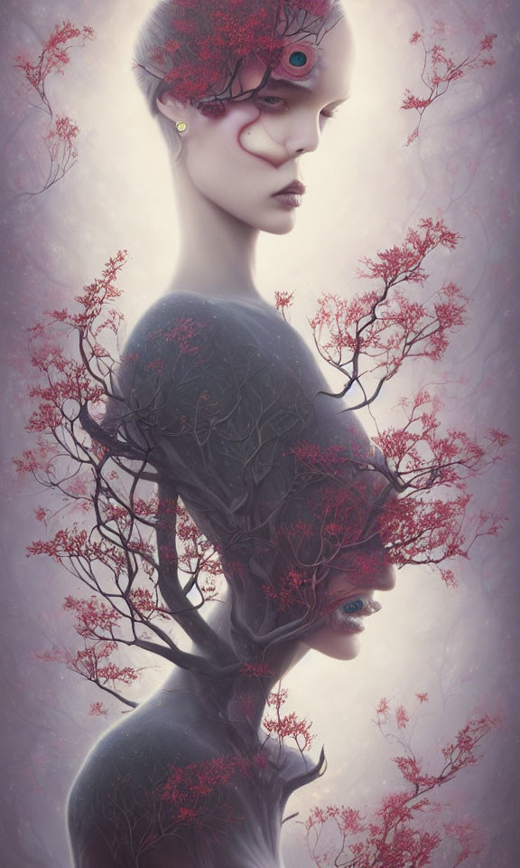 Surreal portrait with overlapping faces, branches, red foliage, and vivid blue eye