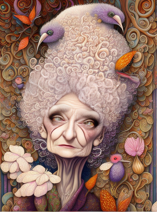 Colorful whimsical illustration: Elderly woman with oversized, bird and flower adorned hairdo