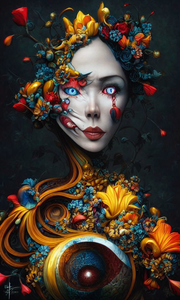 Vibrant surreal portrait with blue and gold floral elements