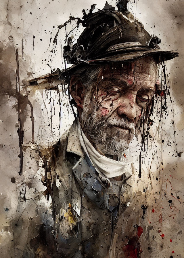 Elderly man with beard and hat in gritty artistic depiction