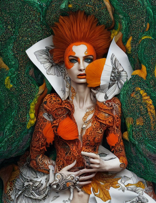 Vibrant red-haired woman with orange body paint in peacock feather setting