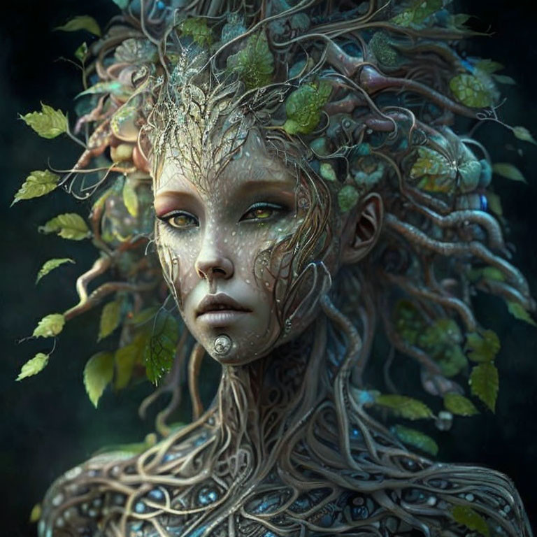 Enigmatic forest nymph with vine hair and yellow eyes