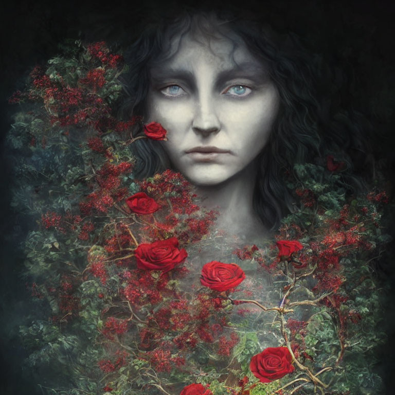 Surreal portrait of woman with blue eyes and red roses merging.