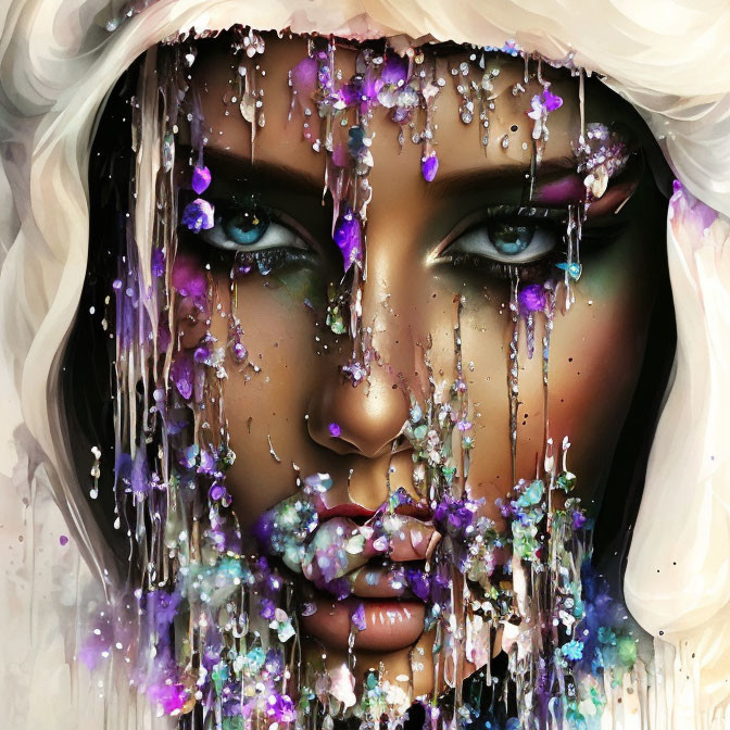 Digital artwork: Woman's face with jewel-toned flowers and beads