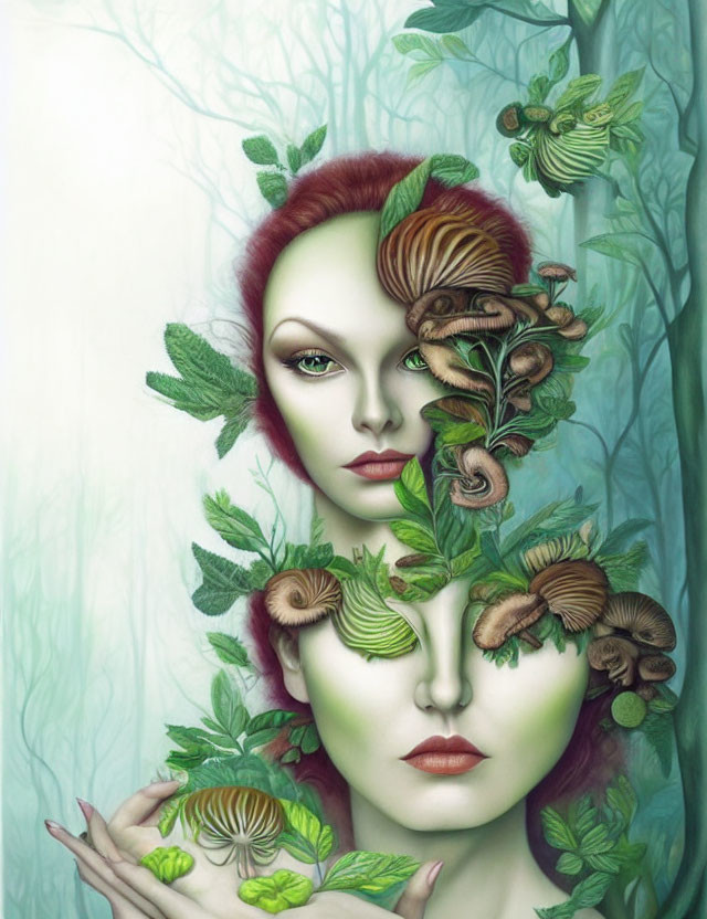 Illustration of woman with red hair and green skin in mystical forest setting