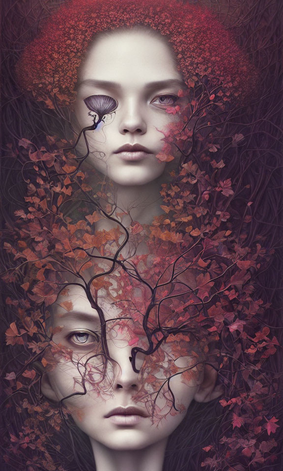 Surreal portrait featuring intertwined autumn leaves and mushroom on two faces