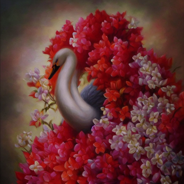 Elegant swan amidst vibrant flowers in tranquil setting