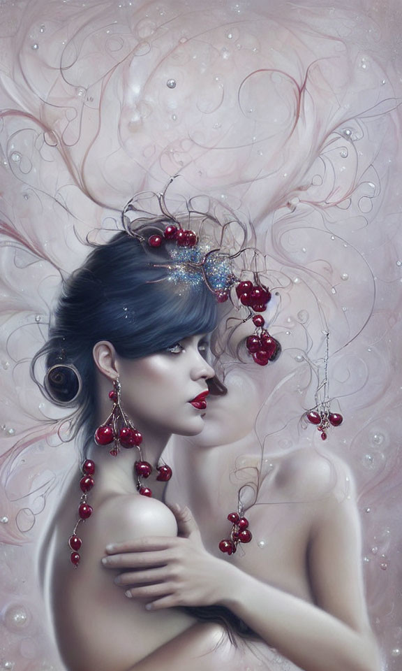 Surreal portrait: Woman with dark hair, red berries, and intricate ornaments on swirl-patterned