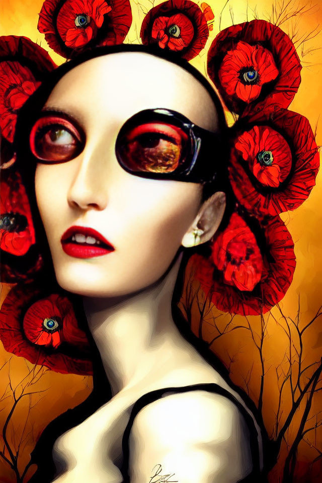 Portrait of woman with pale skin, red lips, and round sunglasses surrounded by red poppies on orange