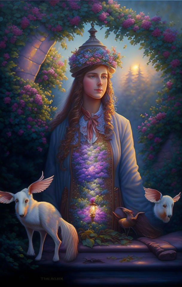 Woman in gazebo hat with winged foxes in twilight foliage scene