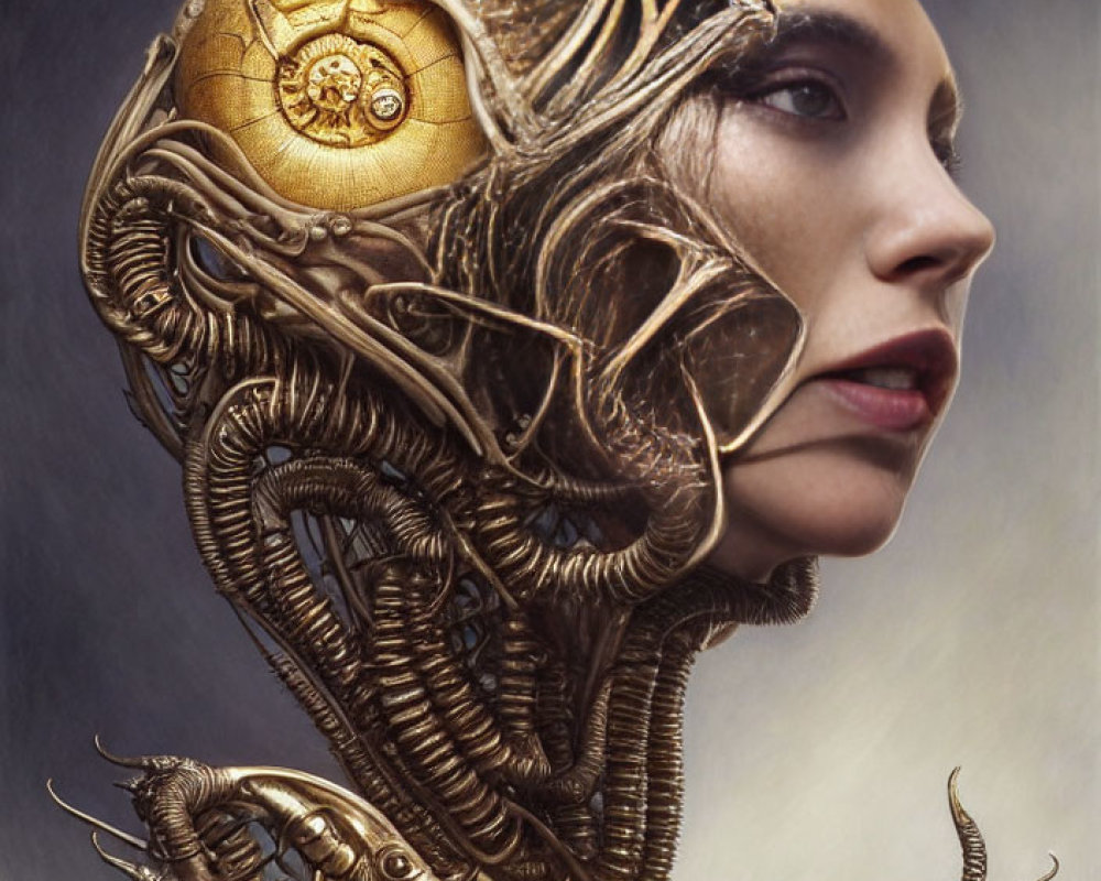 Cybernetic woman with intricate metallic head structures