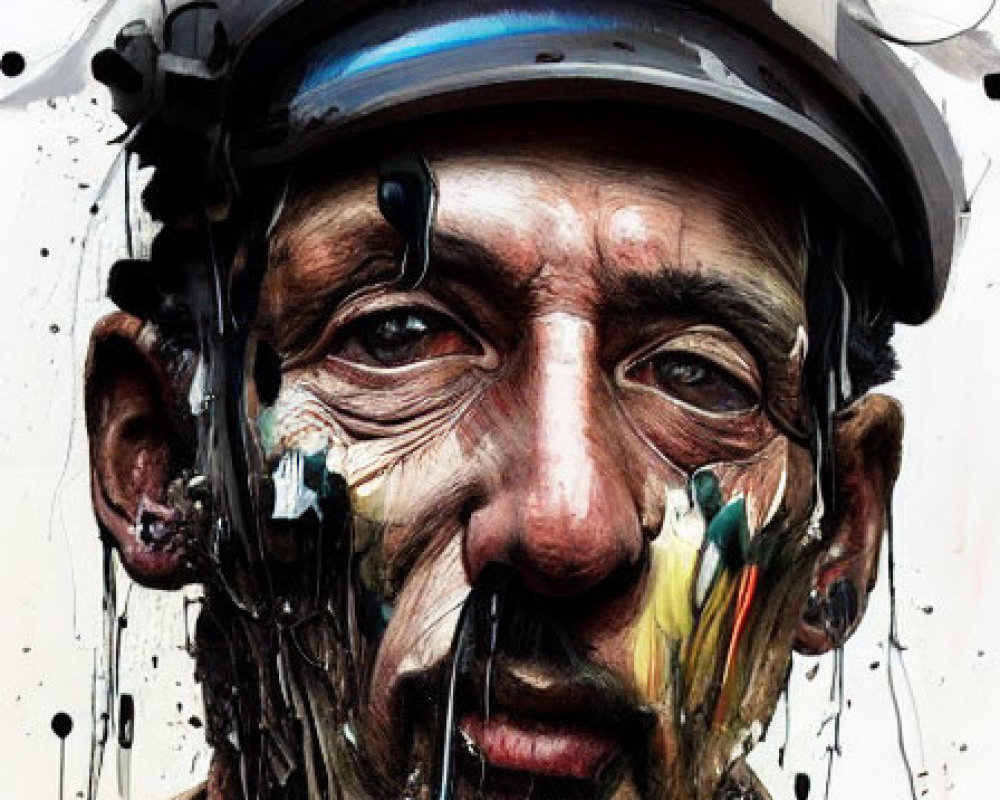 Colorful Abstract Portrait of Man in Hard Hat with Dripping Paint