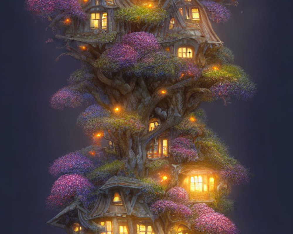 Illustration of Glowing Treehouse in Giant Tree with Purple Blossoms