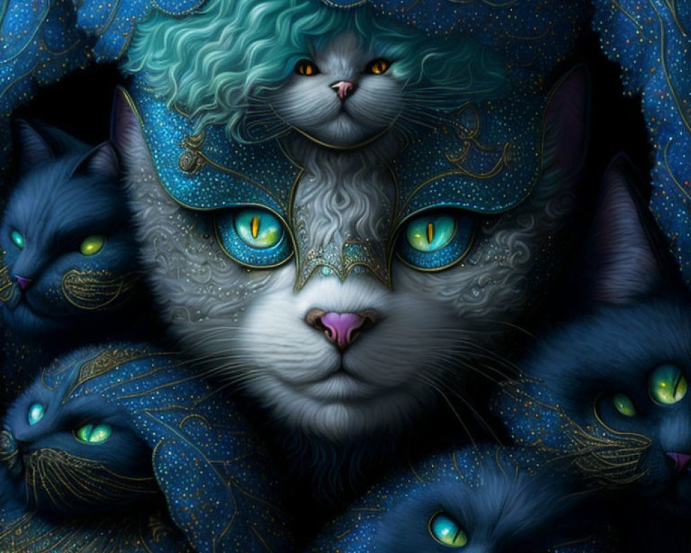 Artistic image of multiple blue cats with glowing green eyes and ornate patterns.