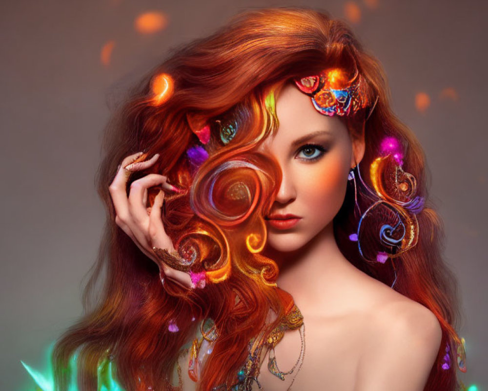 Vibrant curly red hair with colorful ornaments on soft brown background