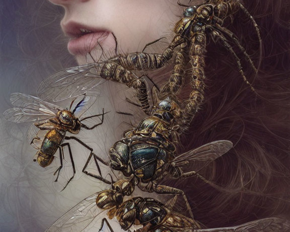 Realistic insects on woman's profile create eerie artistic composition