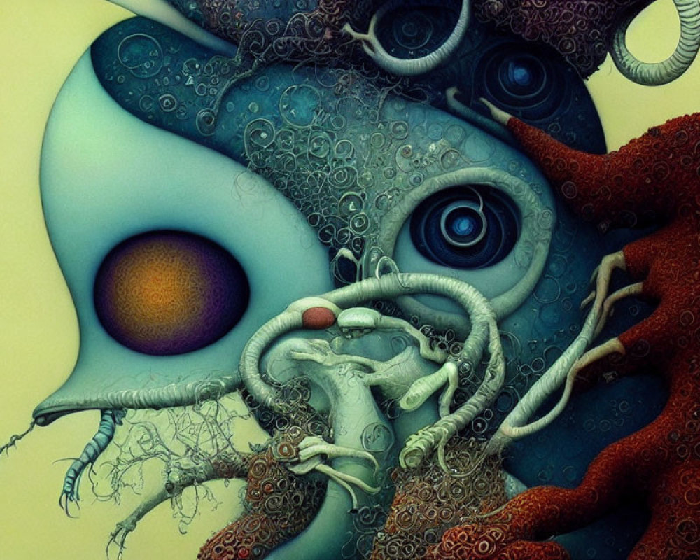 Surreal organic form with multiple eyes and tentacles in blue and orange palette