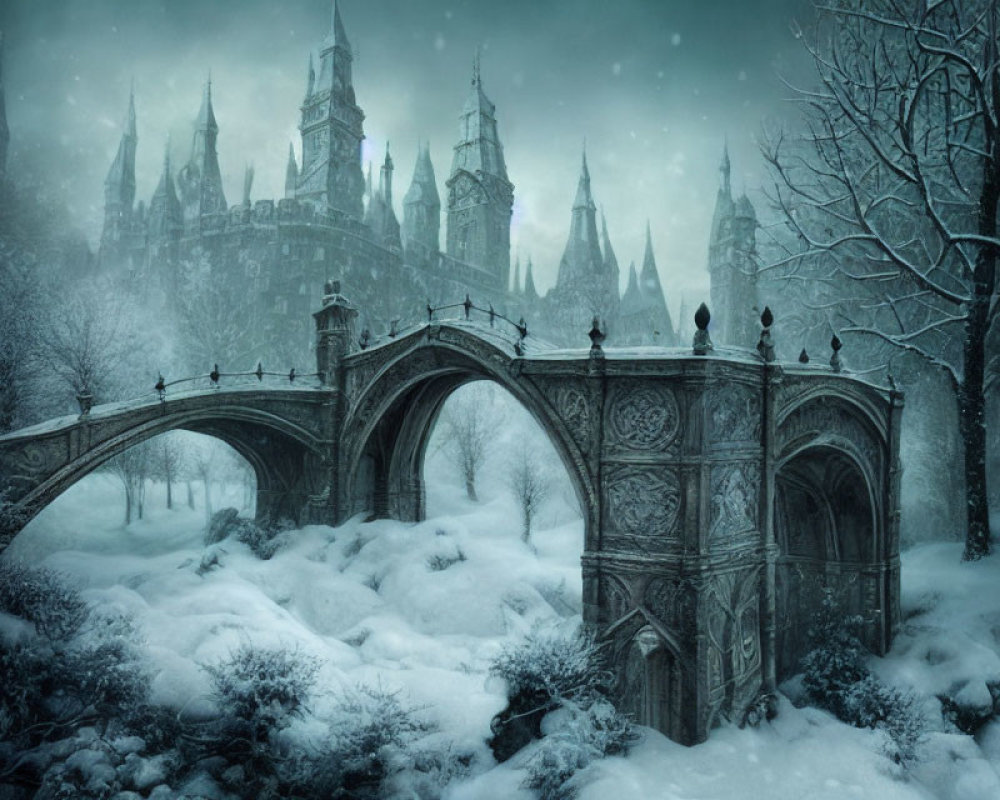 Snow-covered bridge and Gothic-style castle in enchanting winter scene