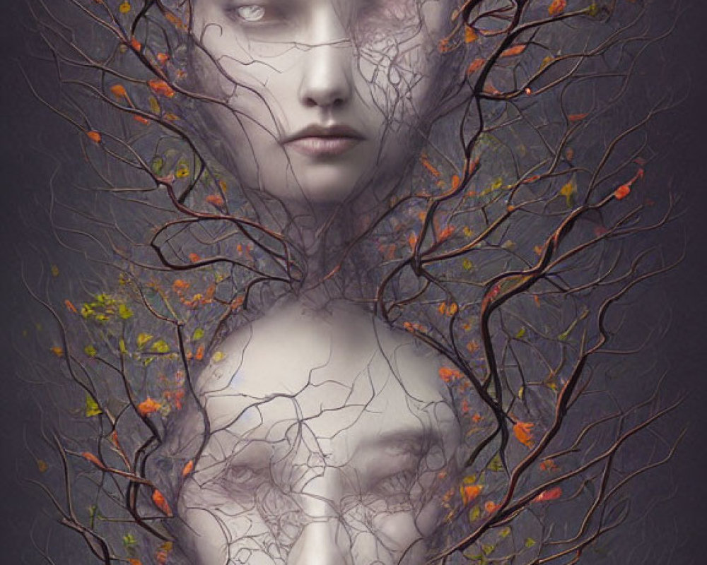 Surreal artwork: Two faces, branches, and flowers symbolize growth and connection in a mystical