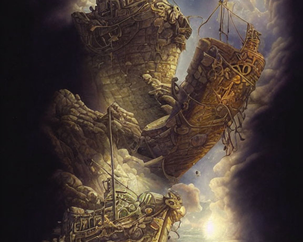 Fantasy artwork: Shipwrecked boat on cliff under moonlit sky