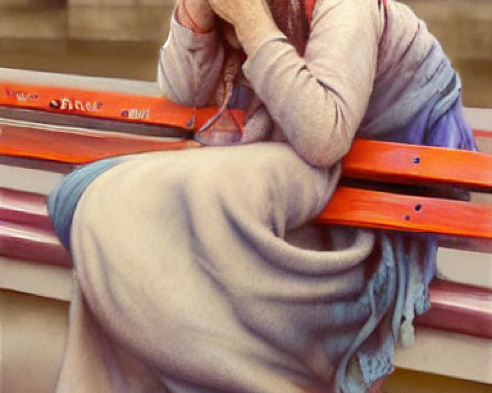 Person sitting on bench with headscarf, sweater, blanket, and oversized shoes.