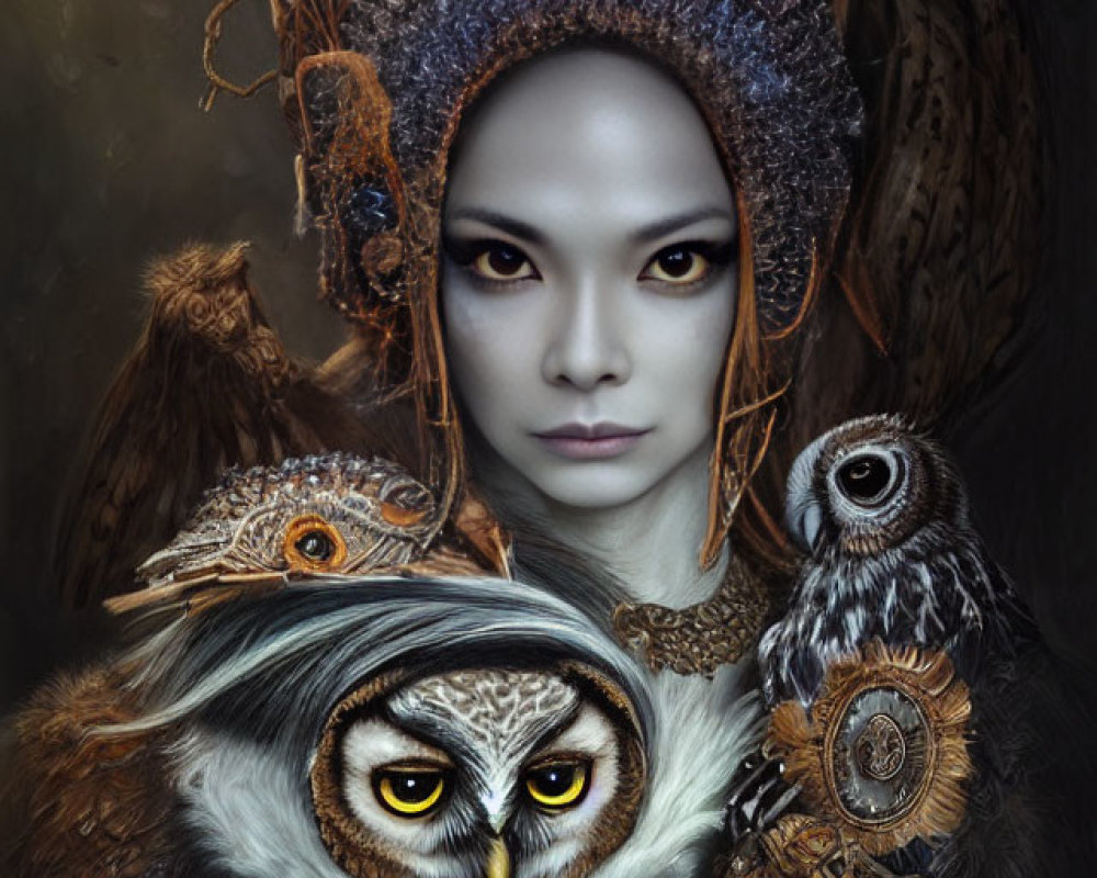 Detailed portrait of person with ornate headdress and owls on dark background