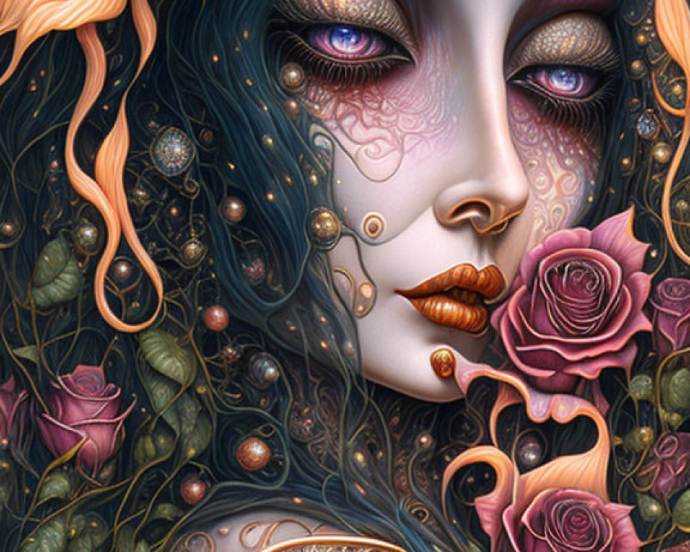 Fantasy artwork: Two female faces with intricate jewelry, roses, and swirling patterns in cool and warm