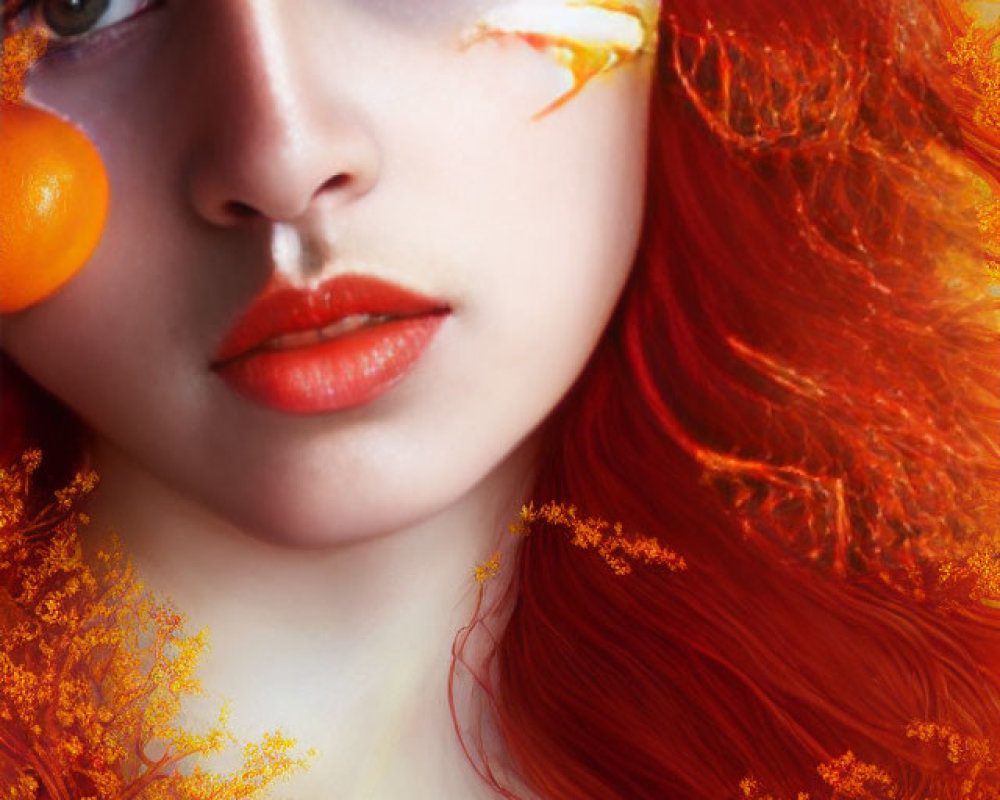 Vibrant red hair, fair skin, dramatic makeup, orange paint splash