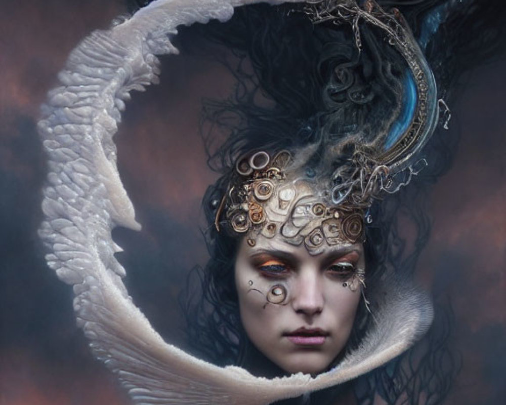 Intricate surreal portrait with ornate headgear and celestial elements