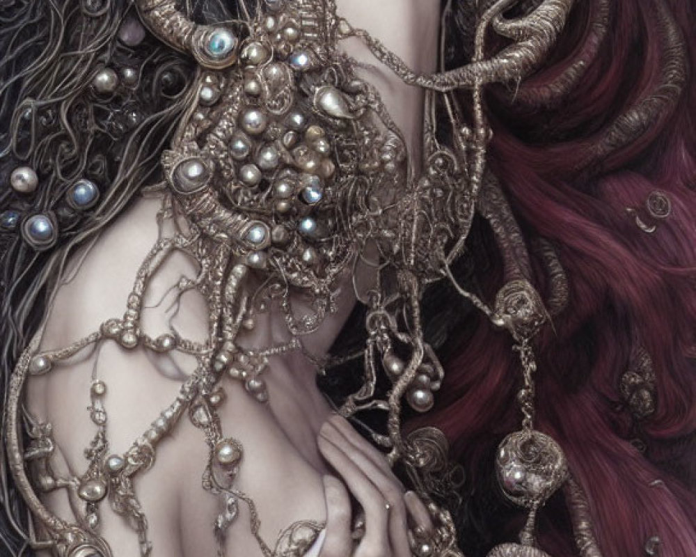 Fantasy artwork of pale woman with metallic ornaments and horns