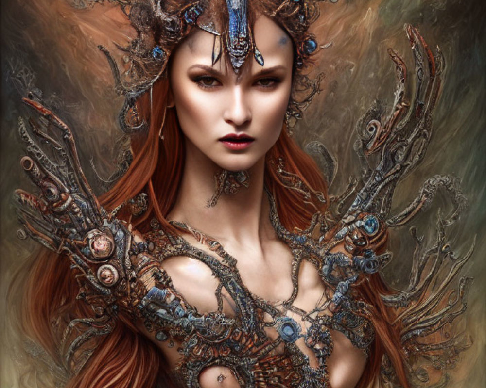 Intricate metallic headpiece and armor on woman with flowing red hair