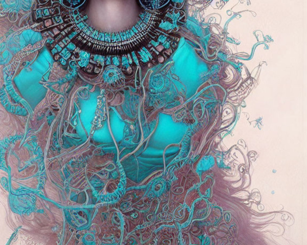 Detailed illustration of woman in turquoise and silver headpiece and collar