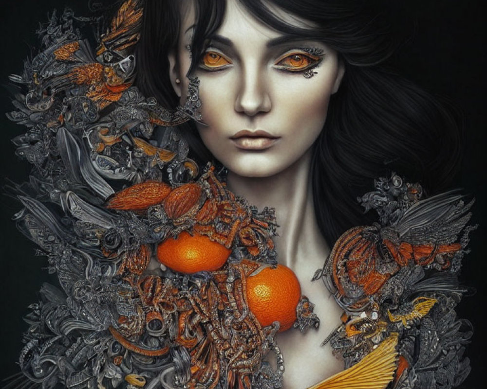 Dark-haired woman with ornate metallic designs and orange birds, pensive expression