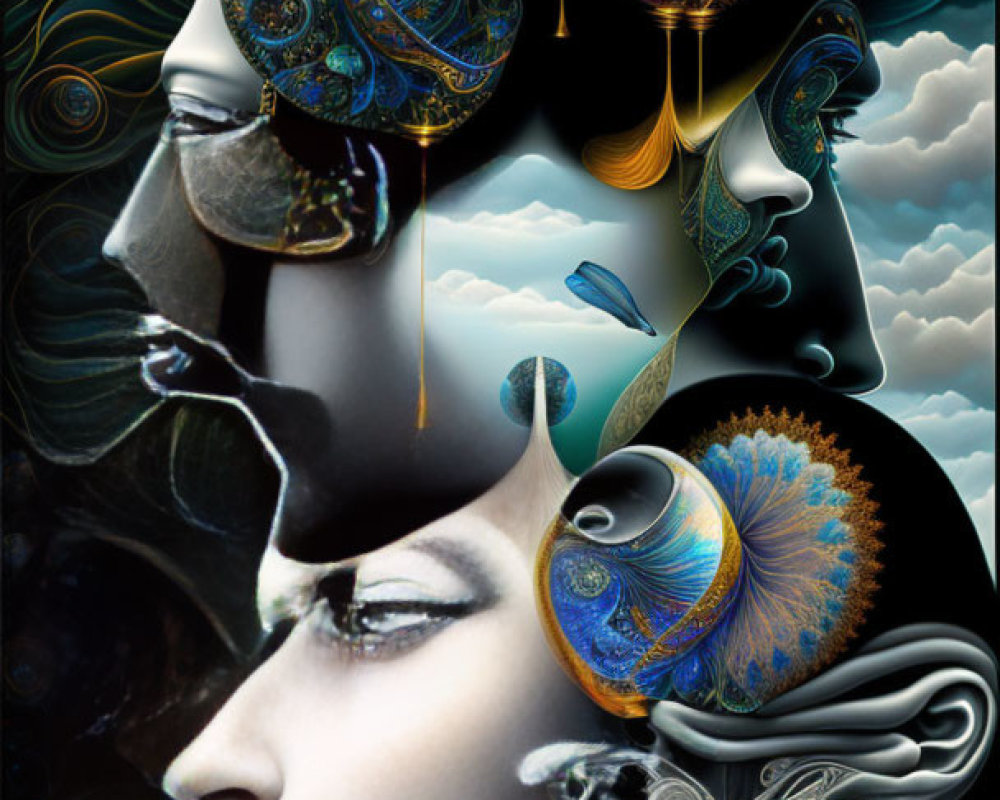 Detailed surreal digital artwork of female face with cosmic patterns and vibrant colors on dark background