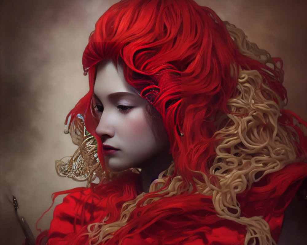 Portrait of Person with Voluminous Curly Red Hair and Red Ruffled Collar