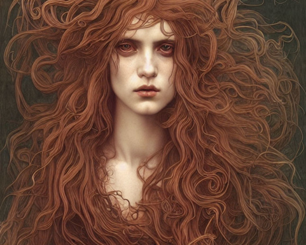 Illustration: Mystical woman with voluminous red hair and captivating eyes