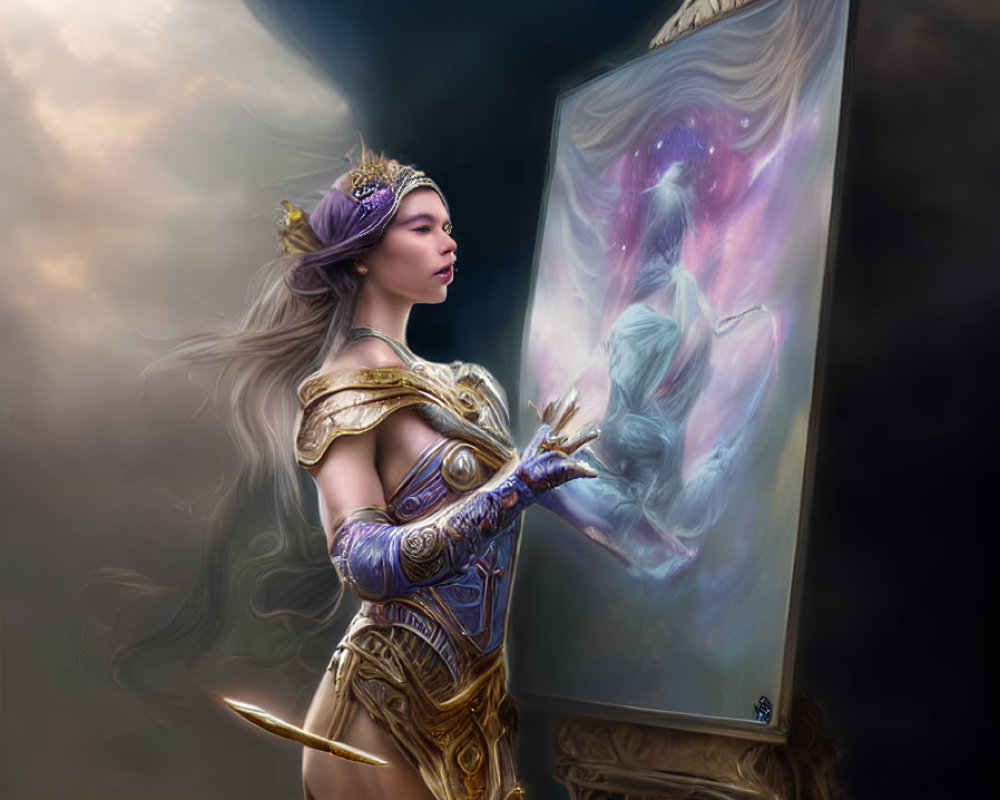 Fantasy armored female artist painting ethereal figure on canvas