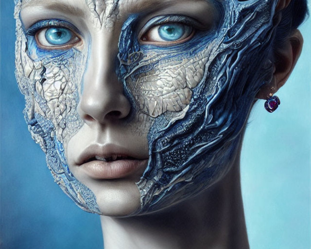 Surreal portrait of female with cracked earth-like texture, blue eyes, and elegant jewelry